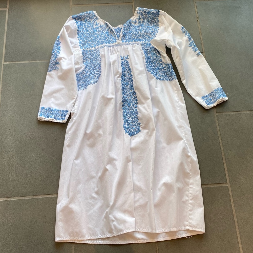 Embroidered Mexican Dress, White and Light Blue